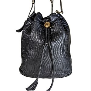 Fendi Black Quilted Leather Drawstring Bucket Shoulder Bag with Gold Button